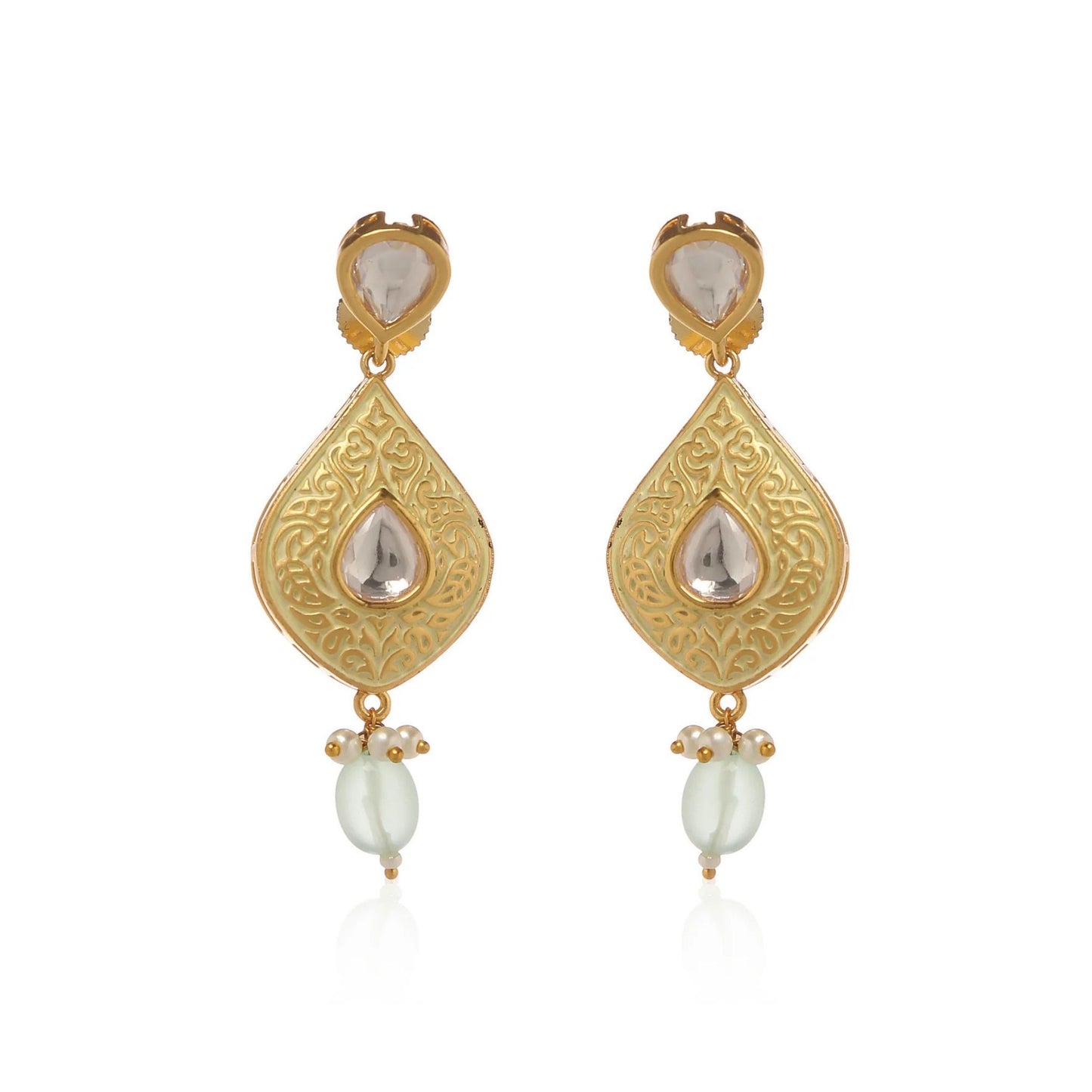 A pair of gold Persian style drop earrings with pearls