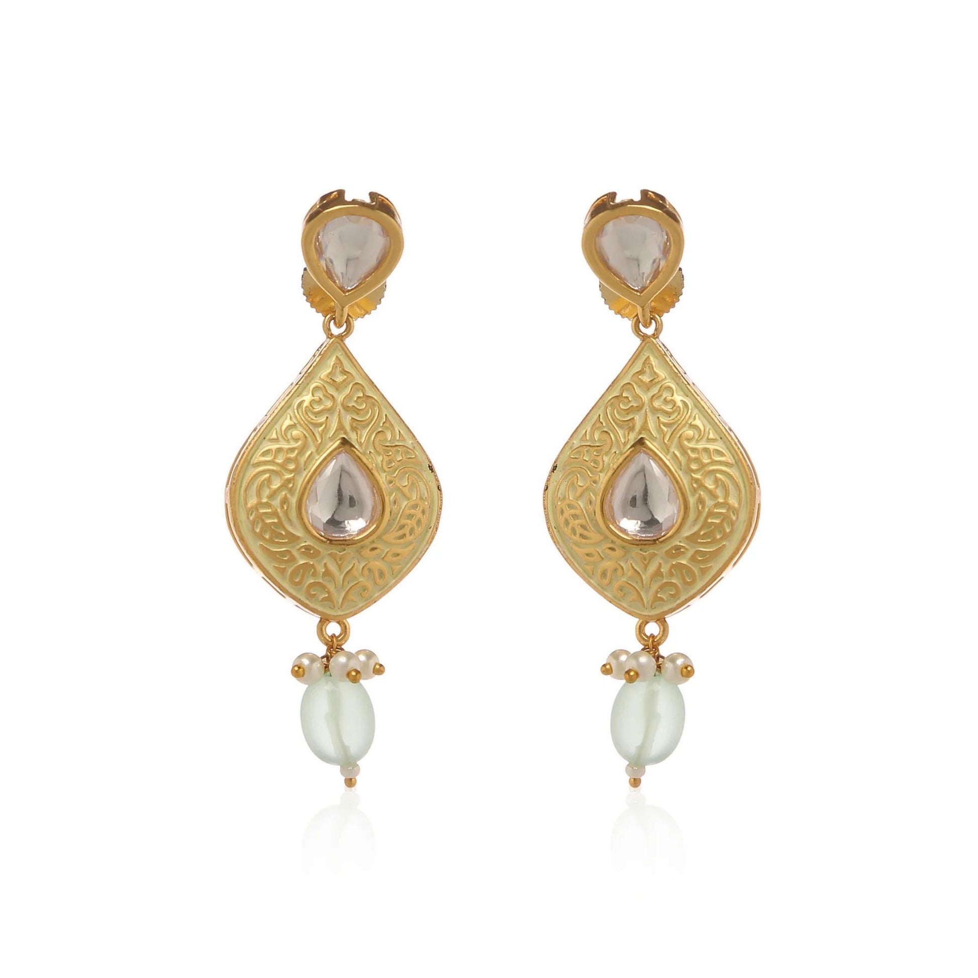A pair of gold Persian style drop earrings with pearls