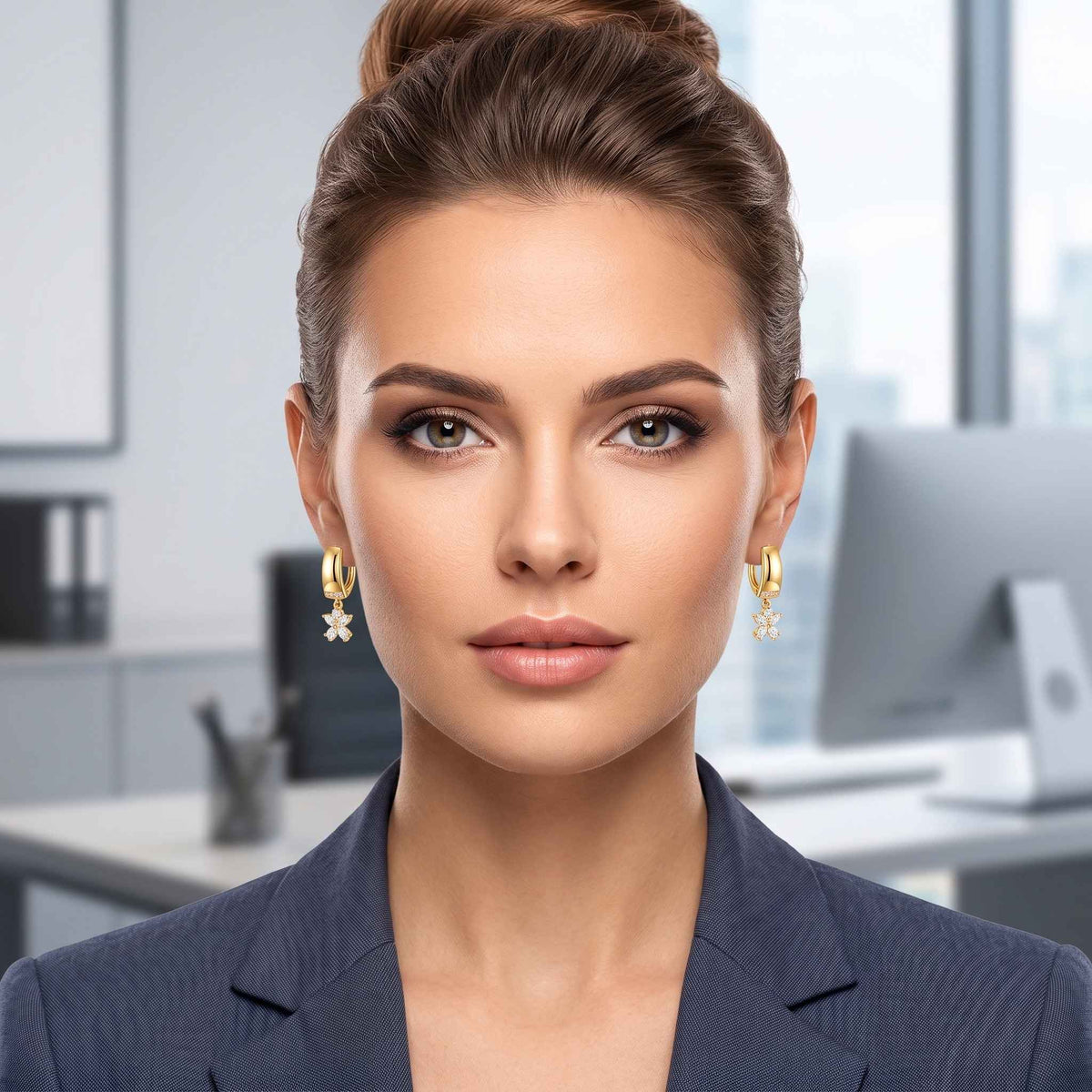 A close-up portrait of a woman wearing gold dangle hoop earrings with petal shaped charm from the Jewellery 4 Elegance collection, styled in a professional office setting. Digitally rendered model for scale