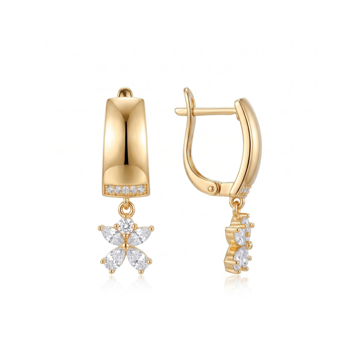 A pair of gold huggie hoop earrings with dangling petal charm with clear gemstones, shown from both front and side angles on a white background from the Jewellery 4 Elegance collection.