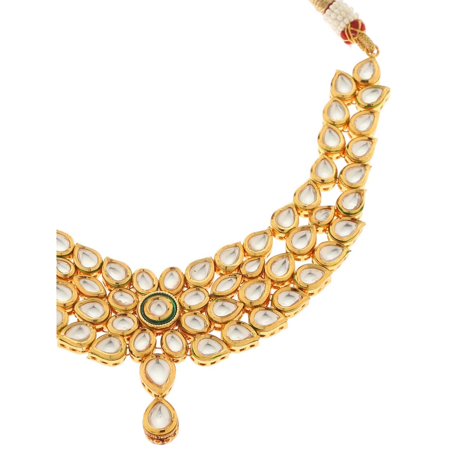 Gold necklace with white stones on a white background