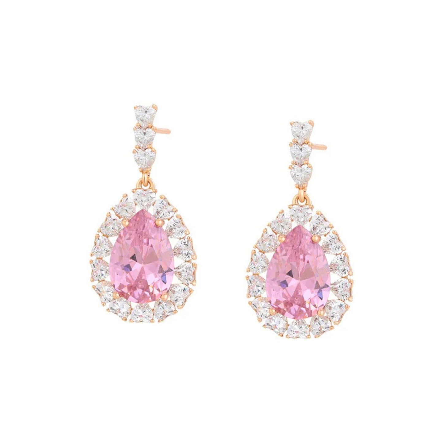 Pair of cz earrings with pink teardrop shaped gemstones on a white background