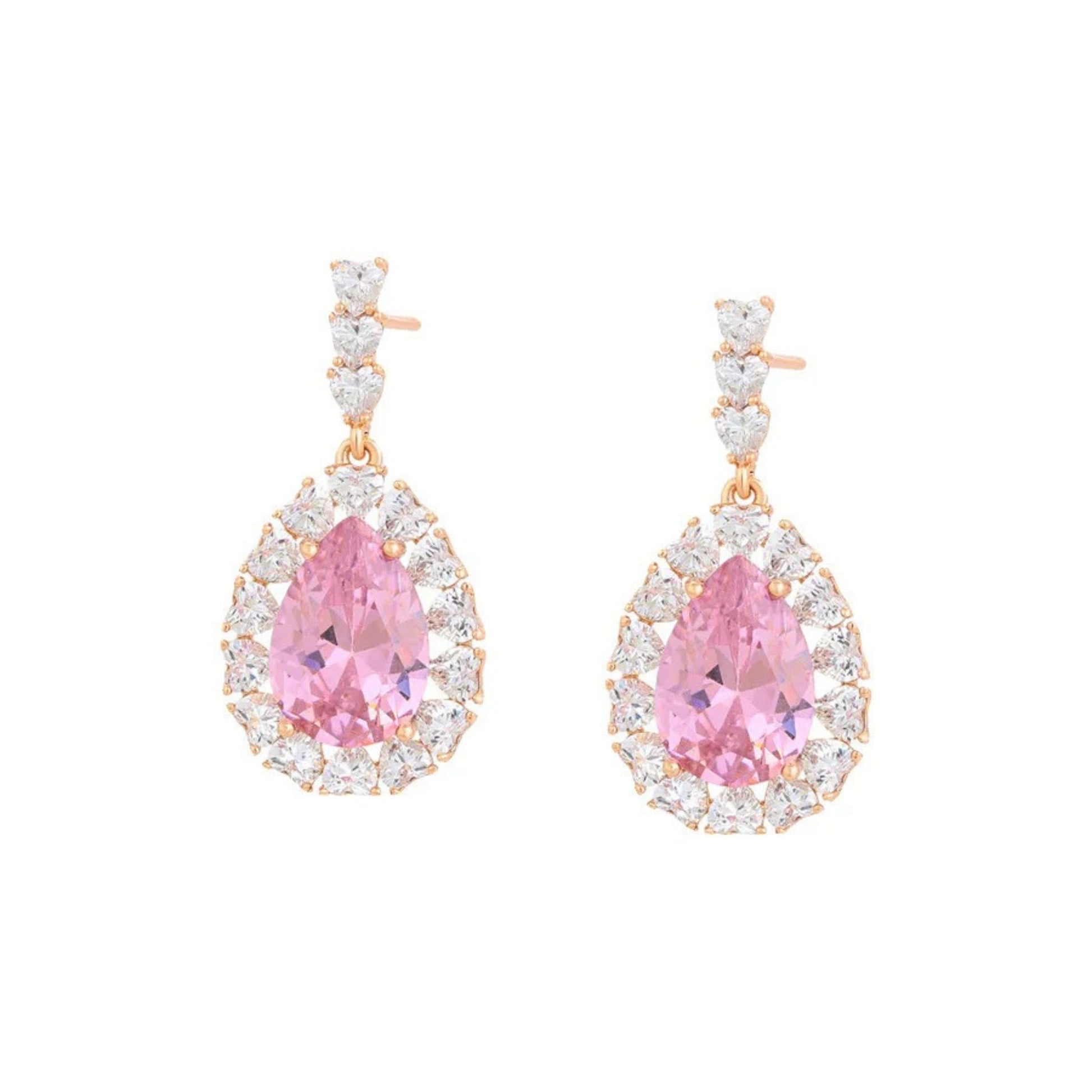 Pair of cz earrings with pink teardrop shaped gemstones on a white background