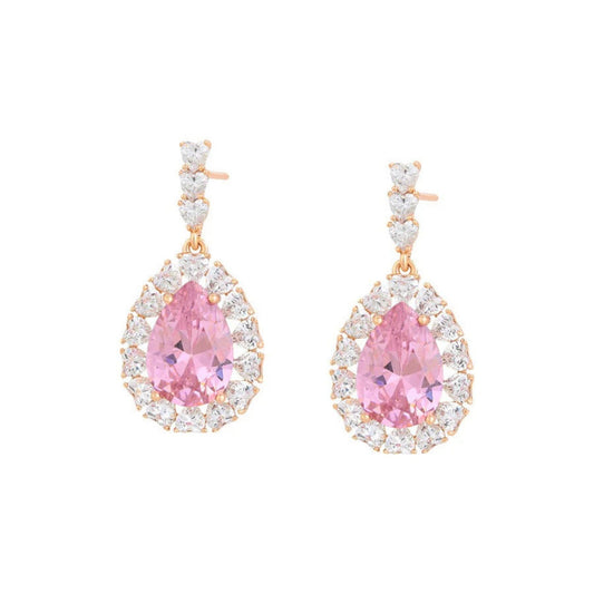 Pair of cz earrings with pink teardrop shaped gemstones on a white background