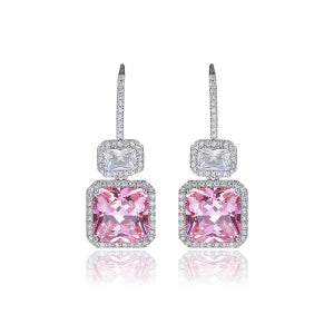 Elegant drop earrings with pink and clear cubic zirconia stones in a white gold-plated setting.