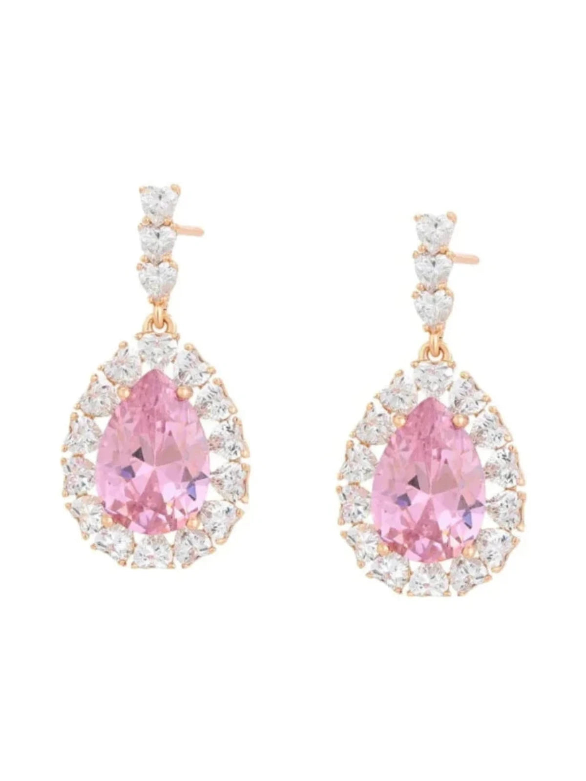 Gold drop earrings with sparkling clear gemstones around a pink pear shape central stones.  