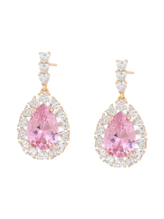 Gold drop earrings with sparkling clear gemstones around a pink pear shape central stones.  
