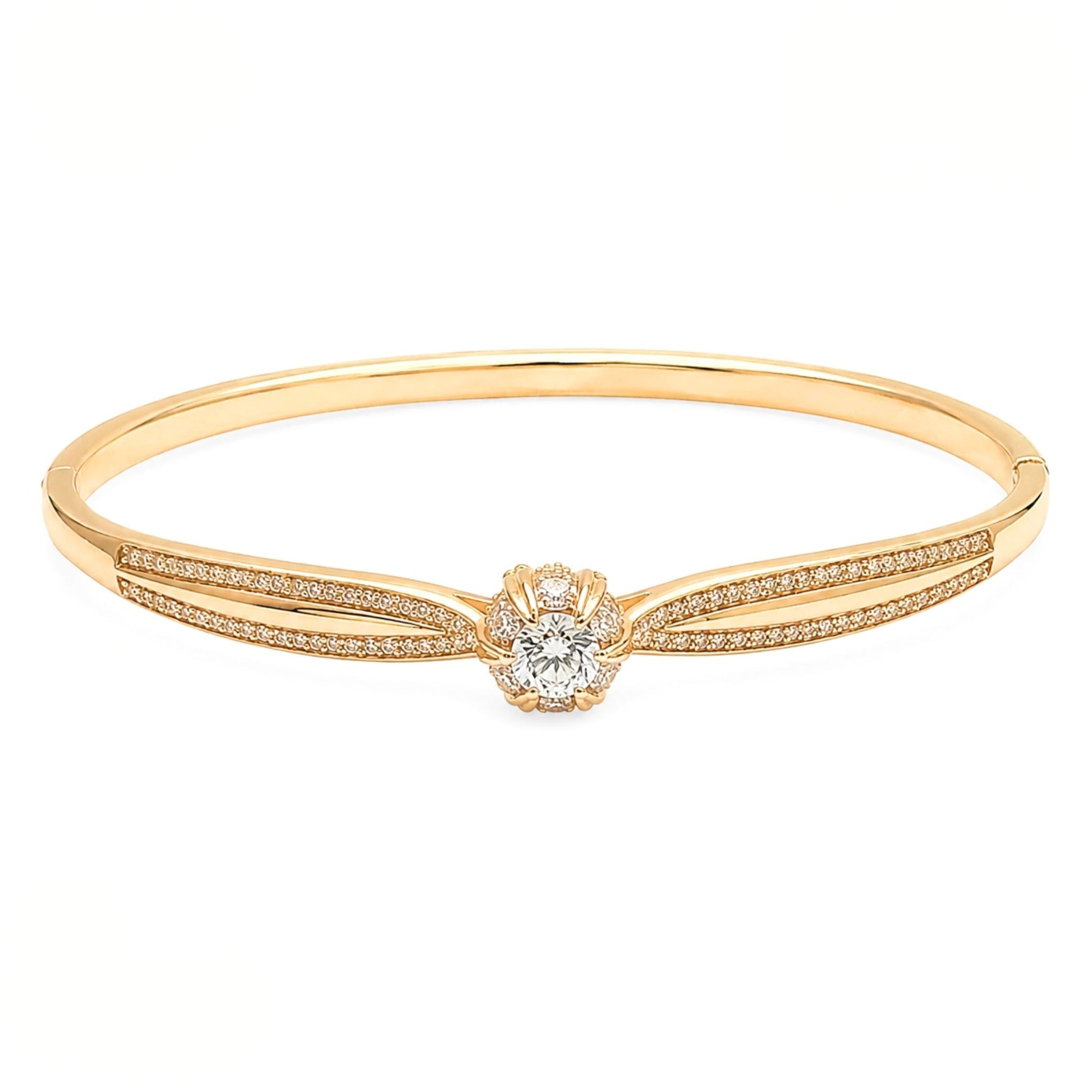 Gold bangle bracelet with a central cubic zirconia cluster and pavé accents from Jewellery 4 Elegance.