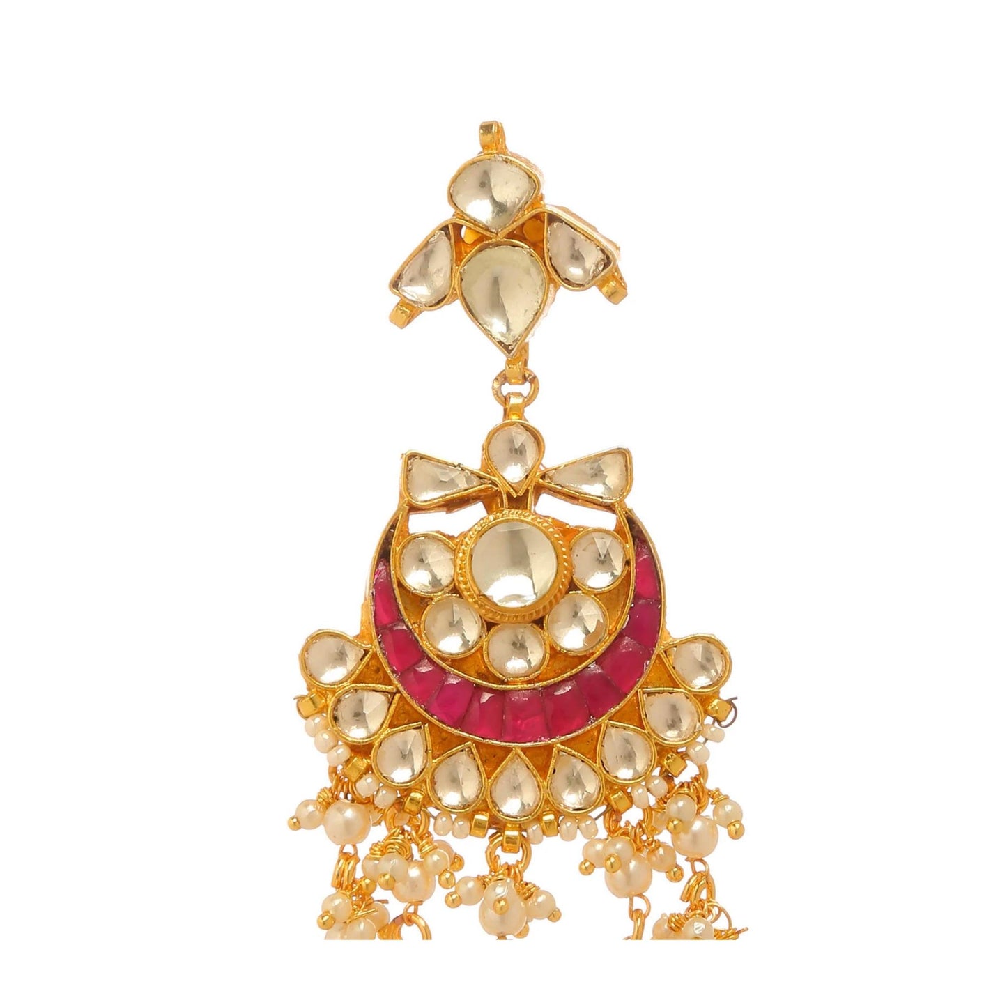 Close up of Indian drop earrings with red and clear gemstones.