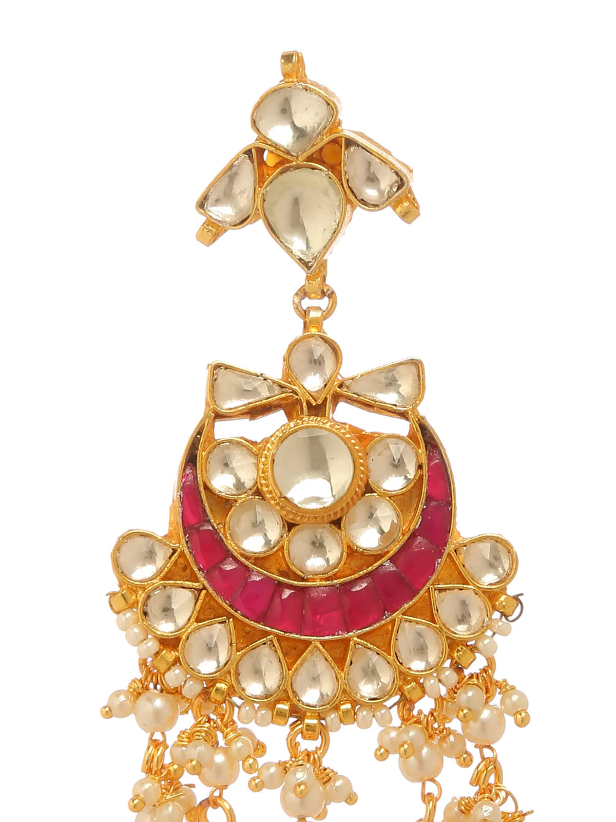 Red earrings adorned with pearls and zirconia stones.