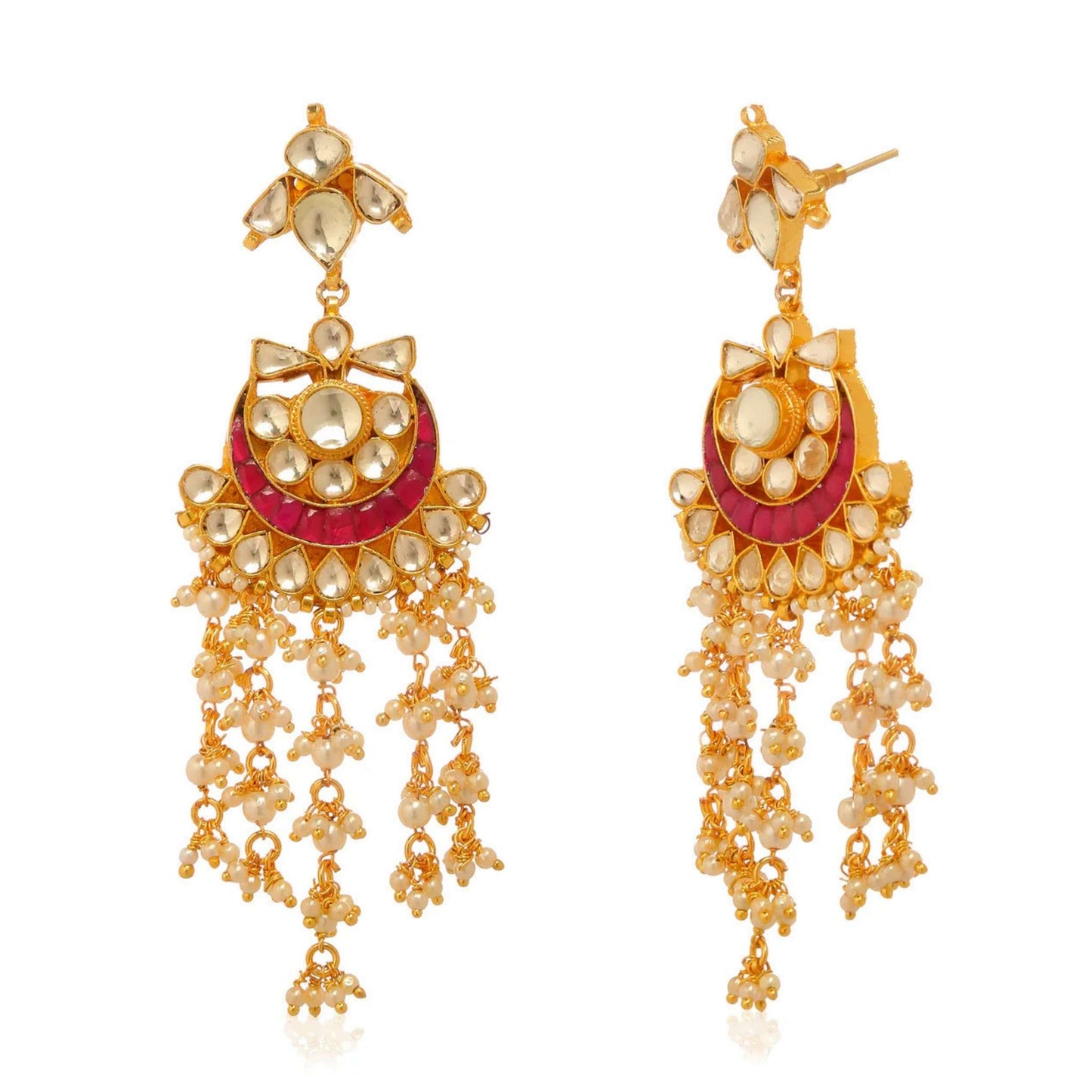 Pair of gold plated drop earrings featuring a red crescent moon and adorned with pearls.