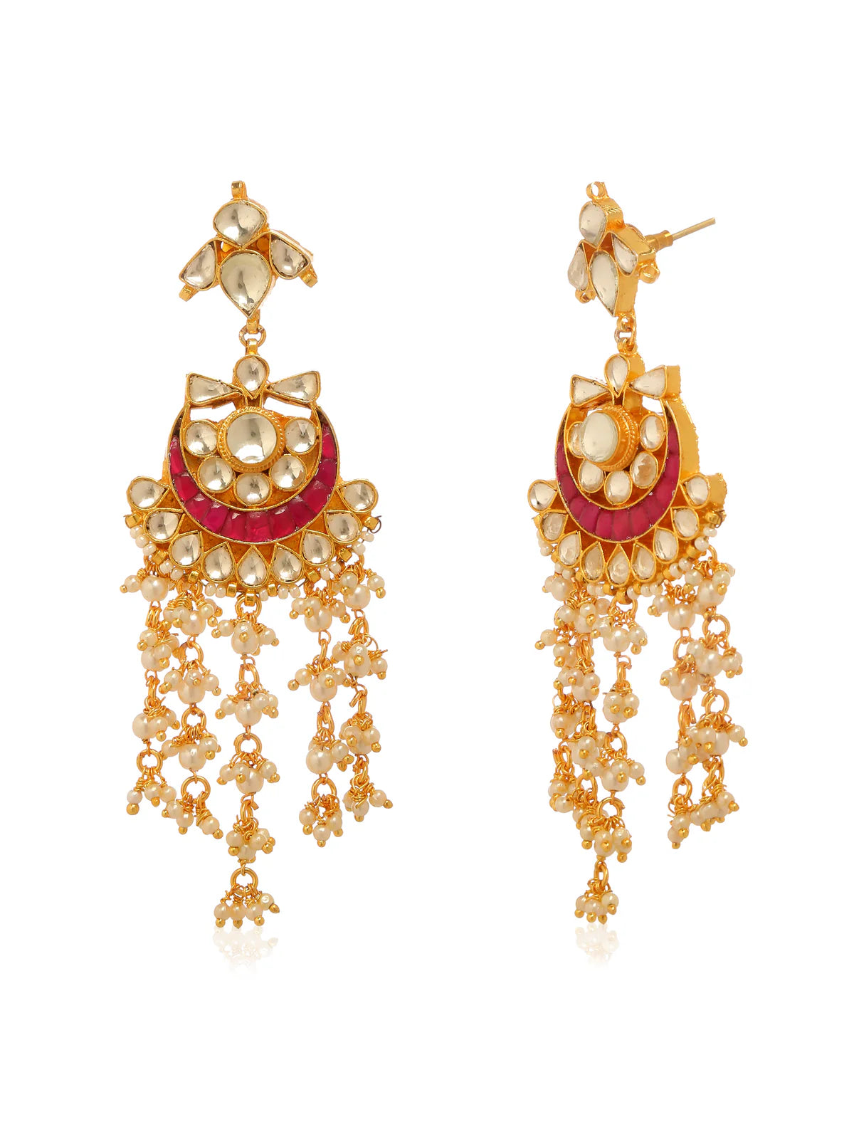 Pair of gold plated drop earrings featuring a red crescent moon and adorned with pearls.