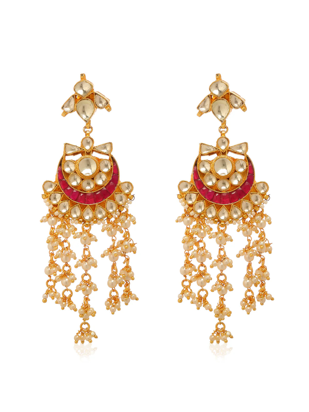 A pair of gold-plated dangler earrings with red and zirconia-colored stones, adorned with pearls.