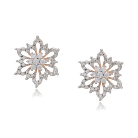 Pair of snowflake-shaped earrings with diamond-like stones on a white background