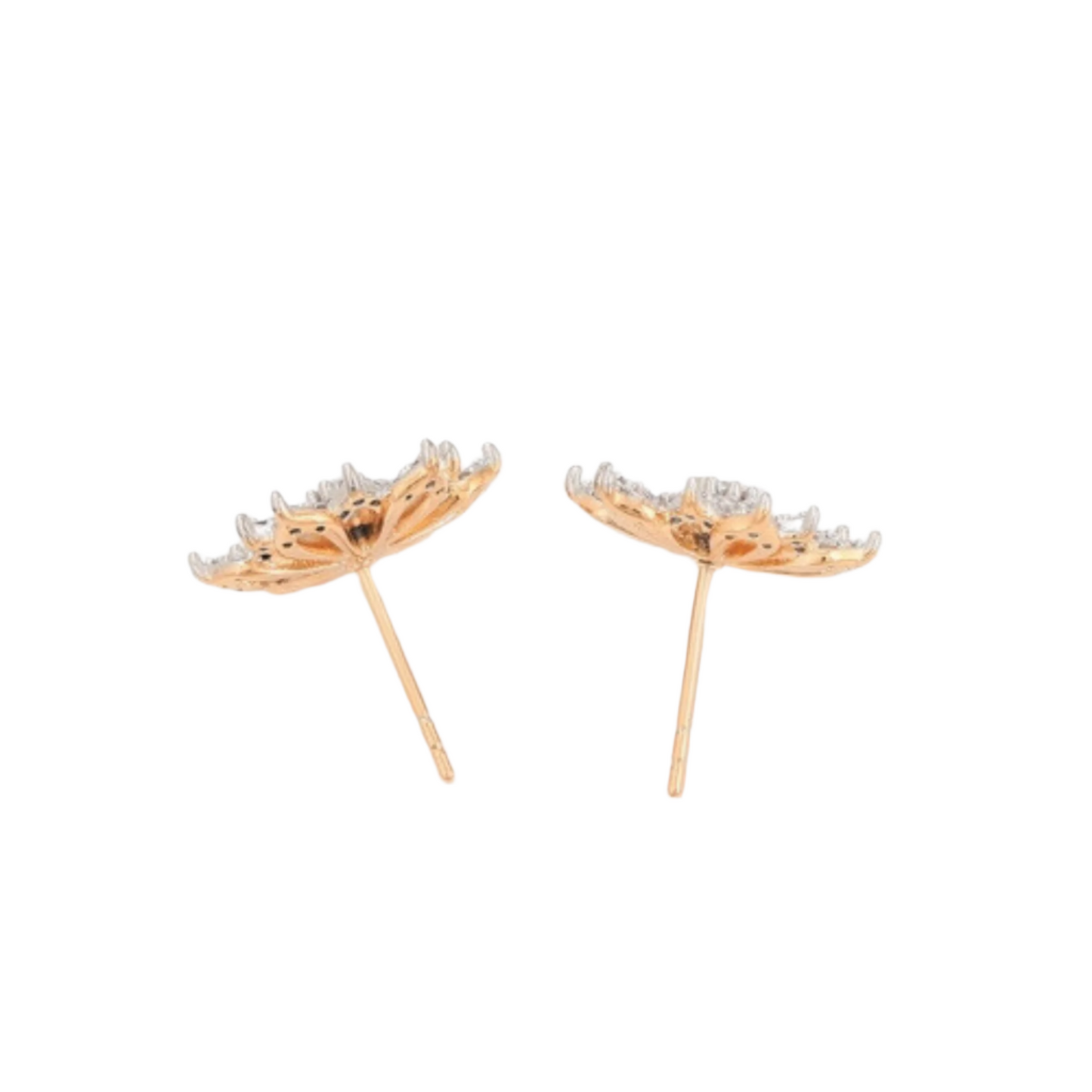 Pair of gold earrings with clear zirconia shaped as a snowflake on a white background