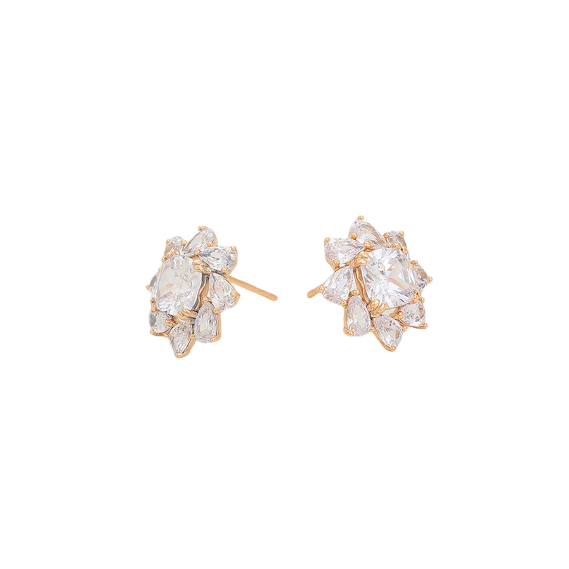 Gold earrings with clear zirconia on a white background