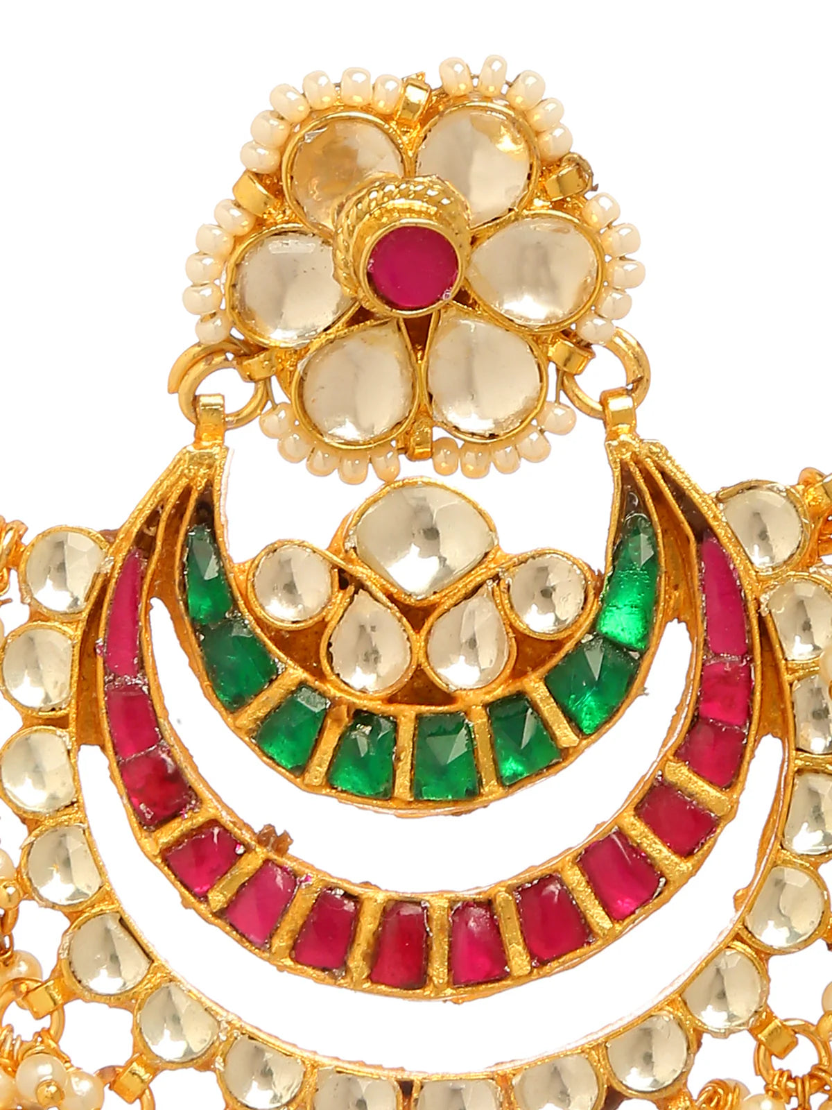 Gold Indian earrings with Ruby red and Emerald green stones