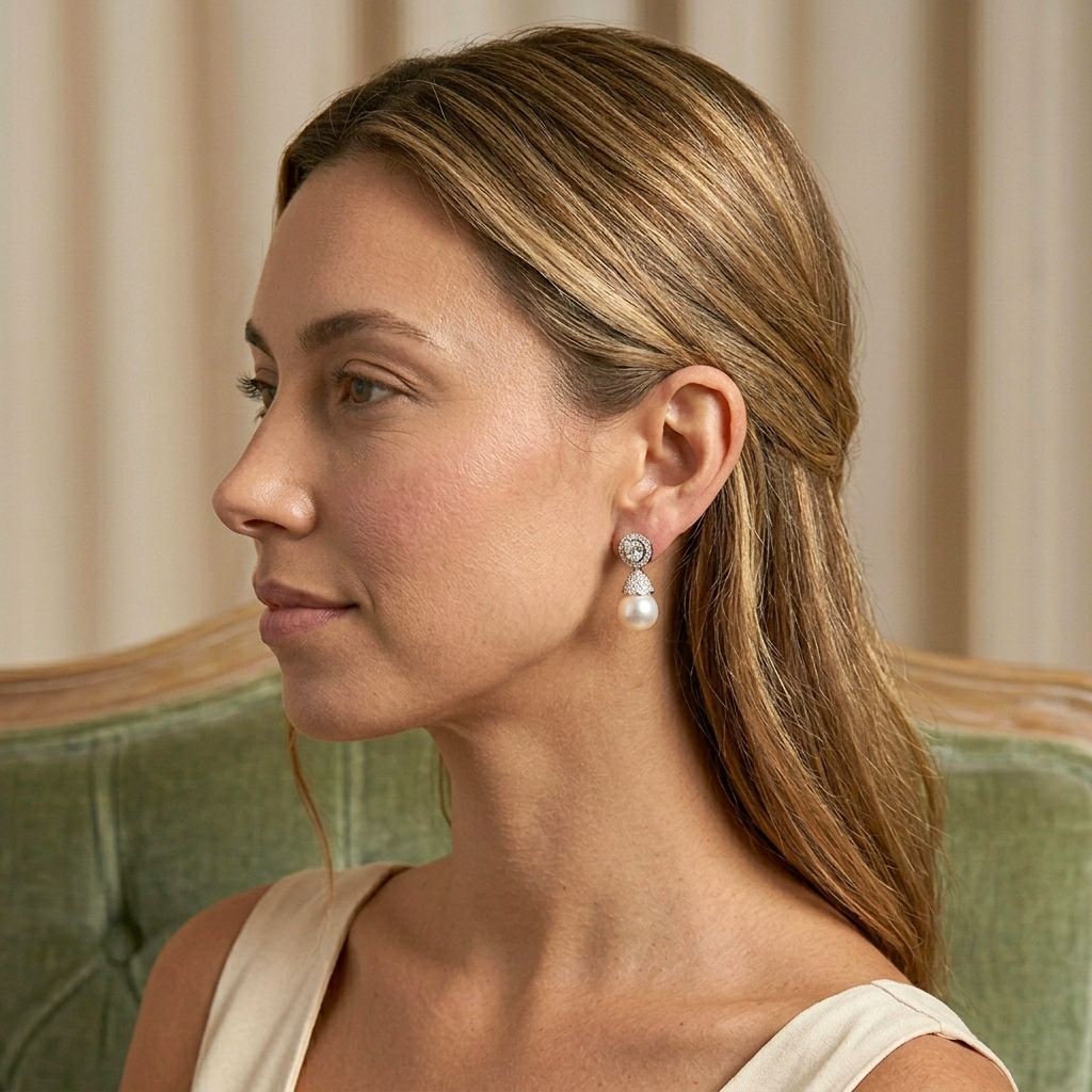 Woman wearing pearl earrings sitting on a couch with a neutral background