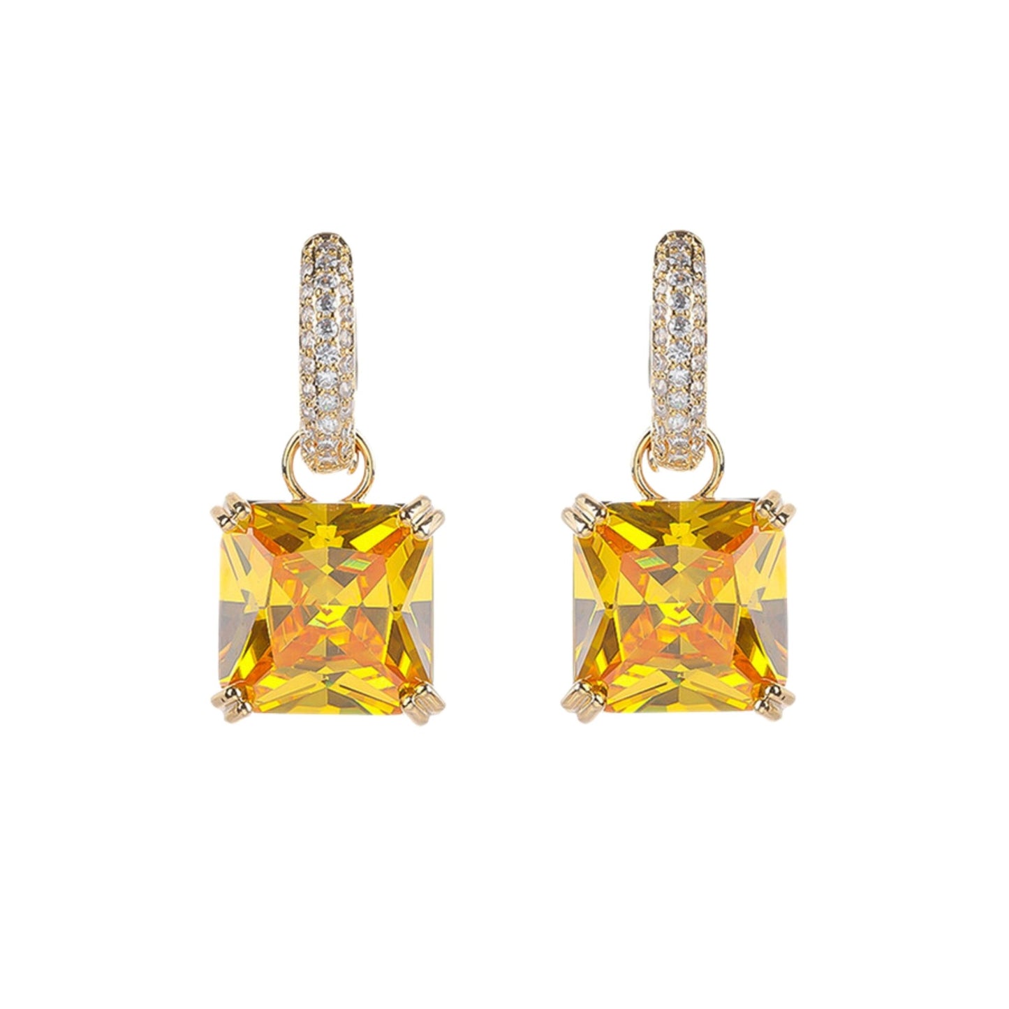 Pair of yellow square gemstone earrings on a white background