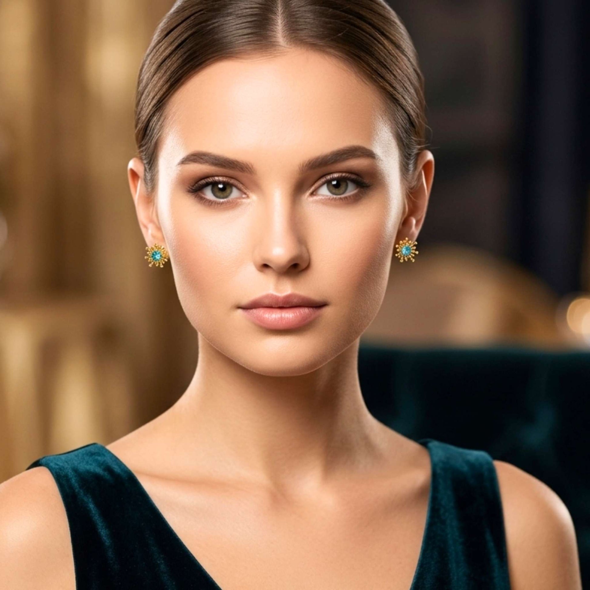 Woman wearing blue celestial gold earrings with a blurred background.   Digitally rendered person wearing authentic jewellery.