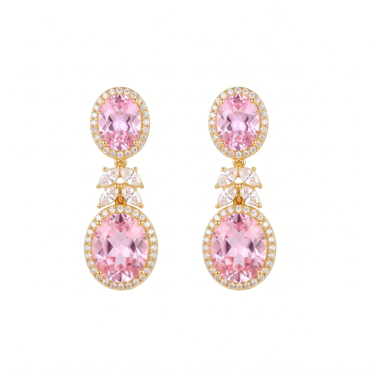 Pair of gold-plated drop earrings with blush-pink cubic zirconia stones and clear butterfly-inspired detailing from the Jewellery 4 Elegance collection set against a white background