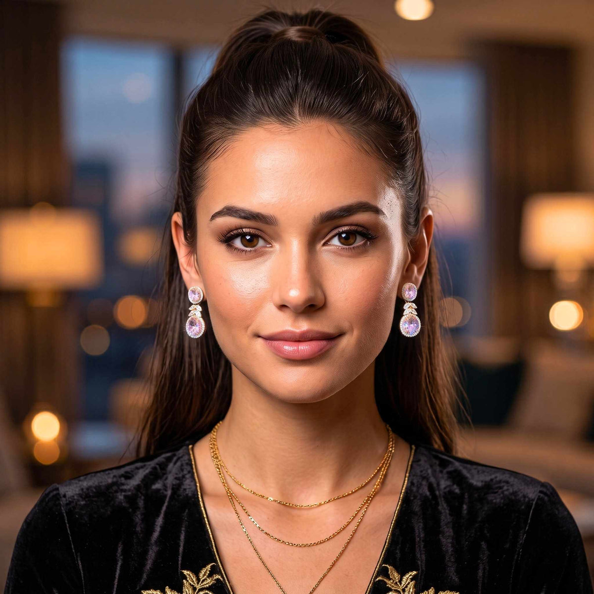 A close-up portrait of a woman with dark hair in a high ponytail, wearing matching purple and gold teardrop dangle earrings, layered gold necklaces, and a black velvet top with gold embroidery, set against a softly blurred warm-toned indoor background.   Digitally rendered model for scale