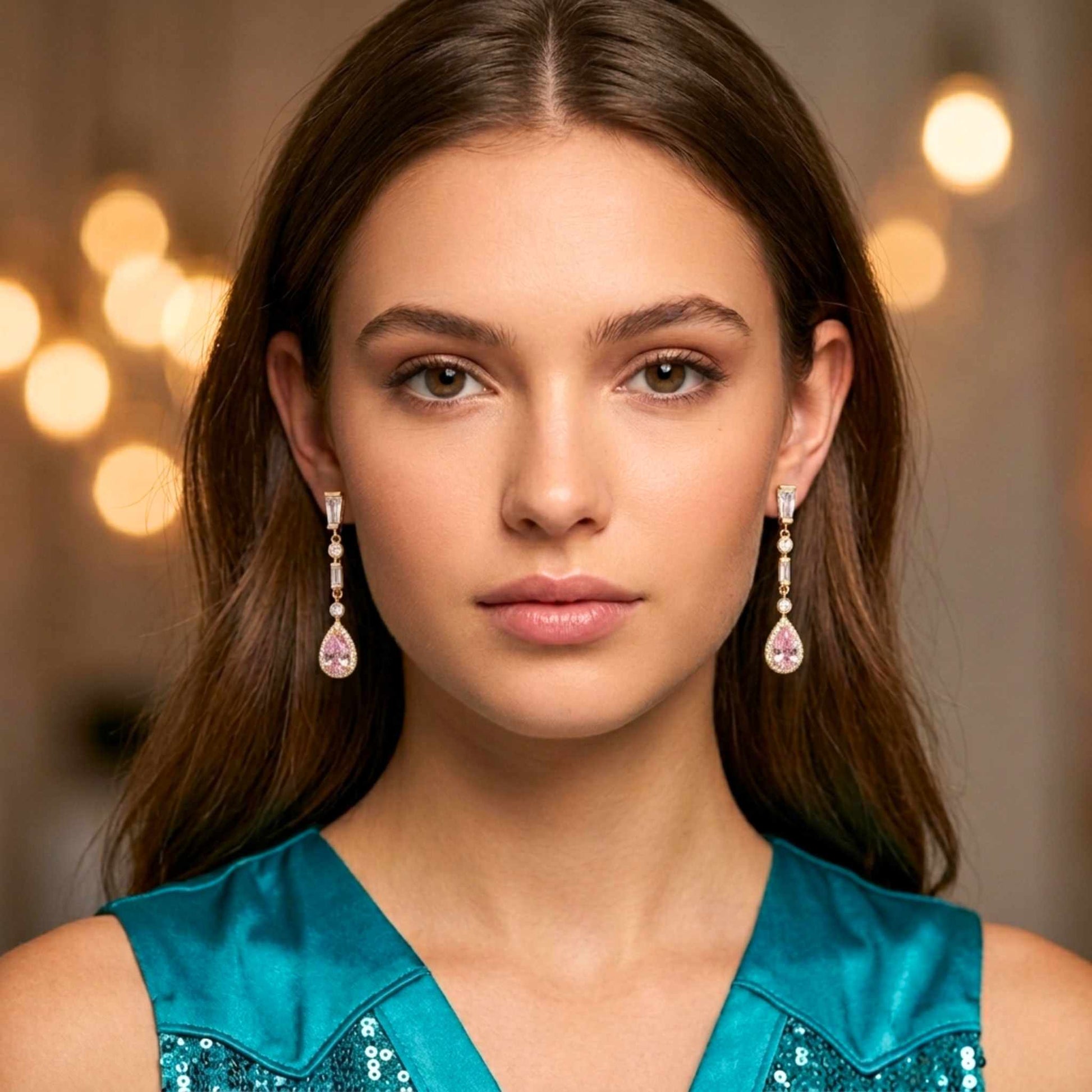 Woman wearing gold blush pink earrings earrings from the Jewellery 4 Elegance collection set against a blurred background.  Digitally rendered model for scale