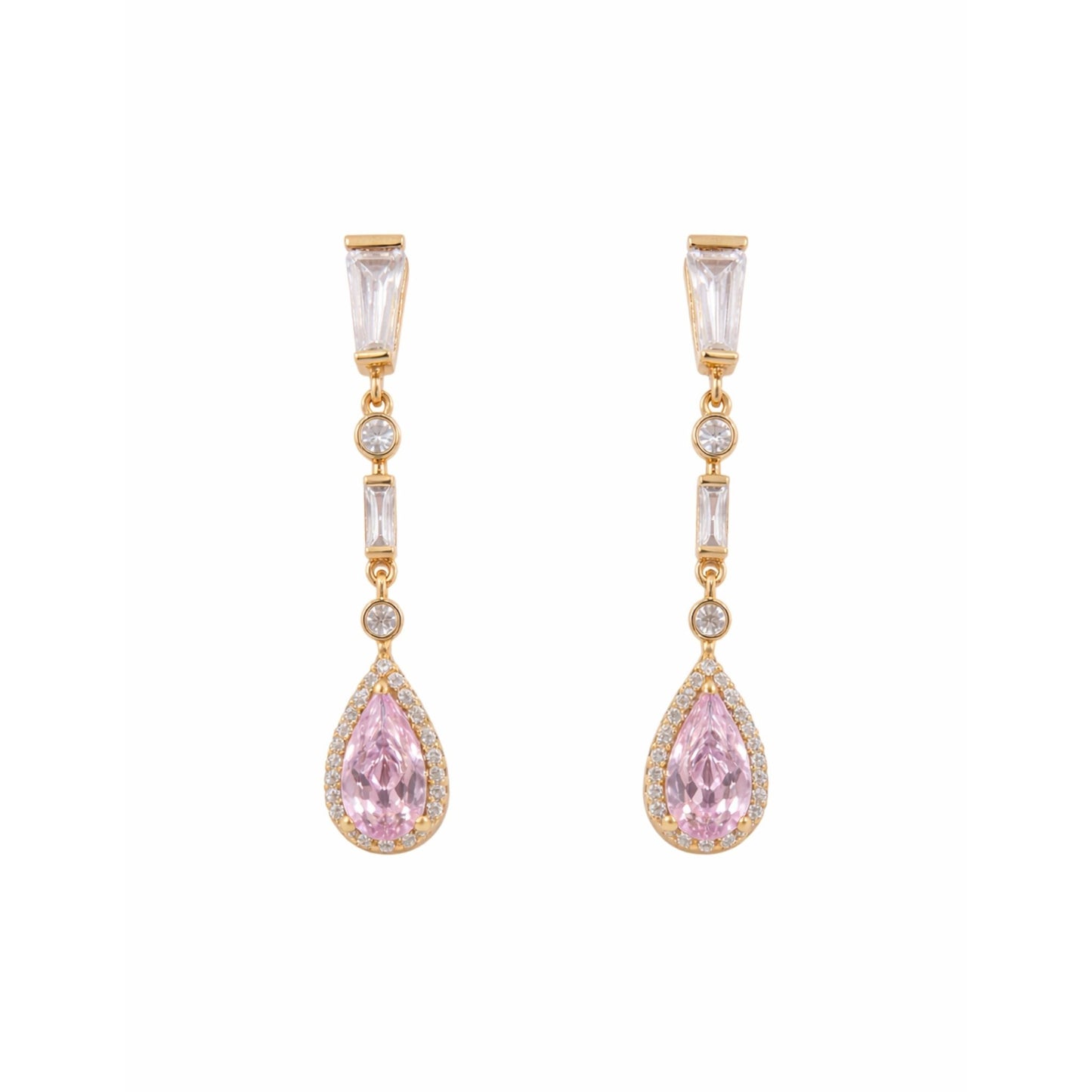 Gold plated drop earrings featuring pear-shaped blush pink cubic zirconia stones with pavé halo detailing and baguette-cut cubic zirconia accents against a white background.