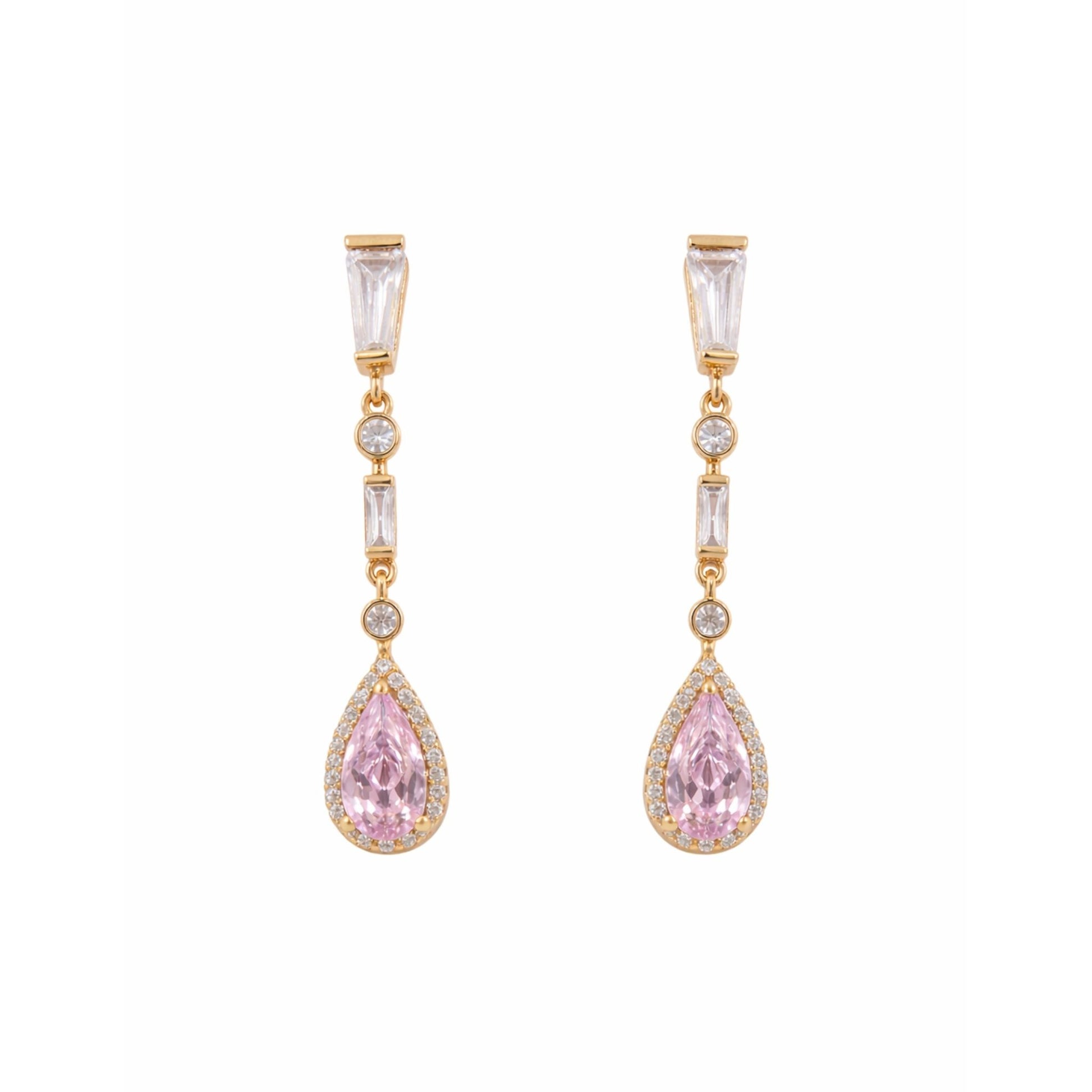 Gold plated drop earrings featuring pear-shaped blush pink cubic zirconia stones with pavé halo detailing and baguette-cut cubic zirconia accents against a white background.
