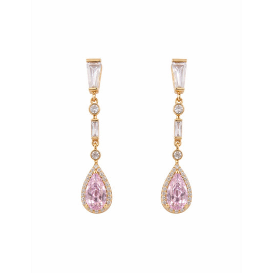 Gold plated drop earrings featuring pear-shaped blush pink cubic zirconia stones with pavé halo detailing and baguette-cut cubic zirconia accents against a white background.