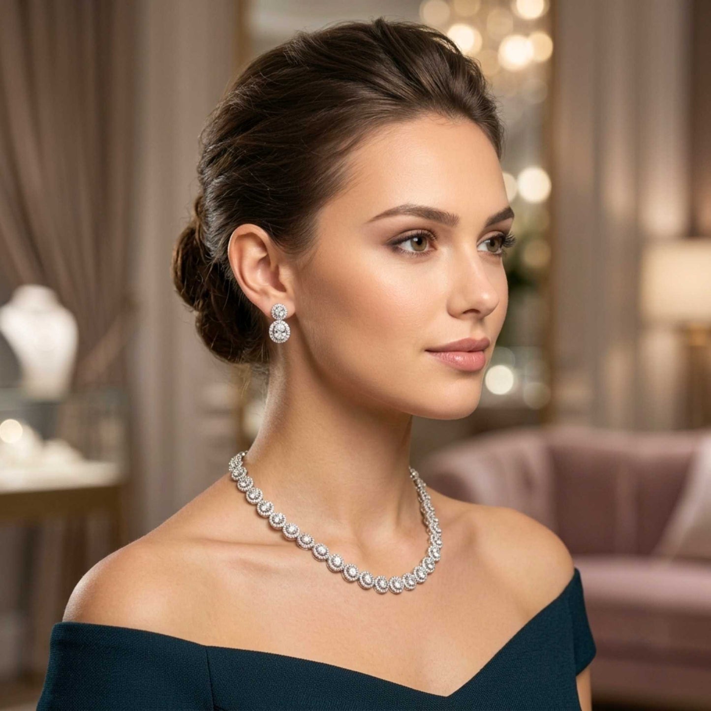 Elegant woman wearing an evening dress with white gold plated halo necklace and matching cubic zirconia stud earrings set featuring round halo settings for elegant everyday and occasion wear from Jewellery 4 Elegance.  Digitally rendered model for scale