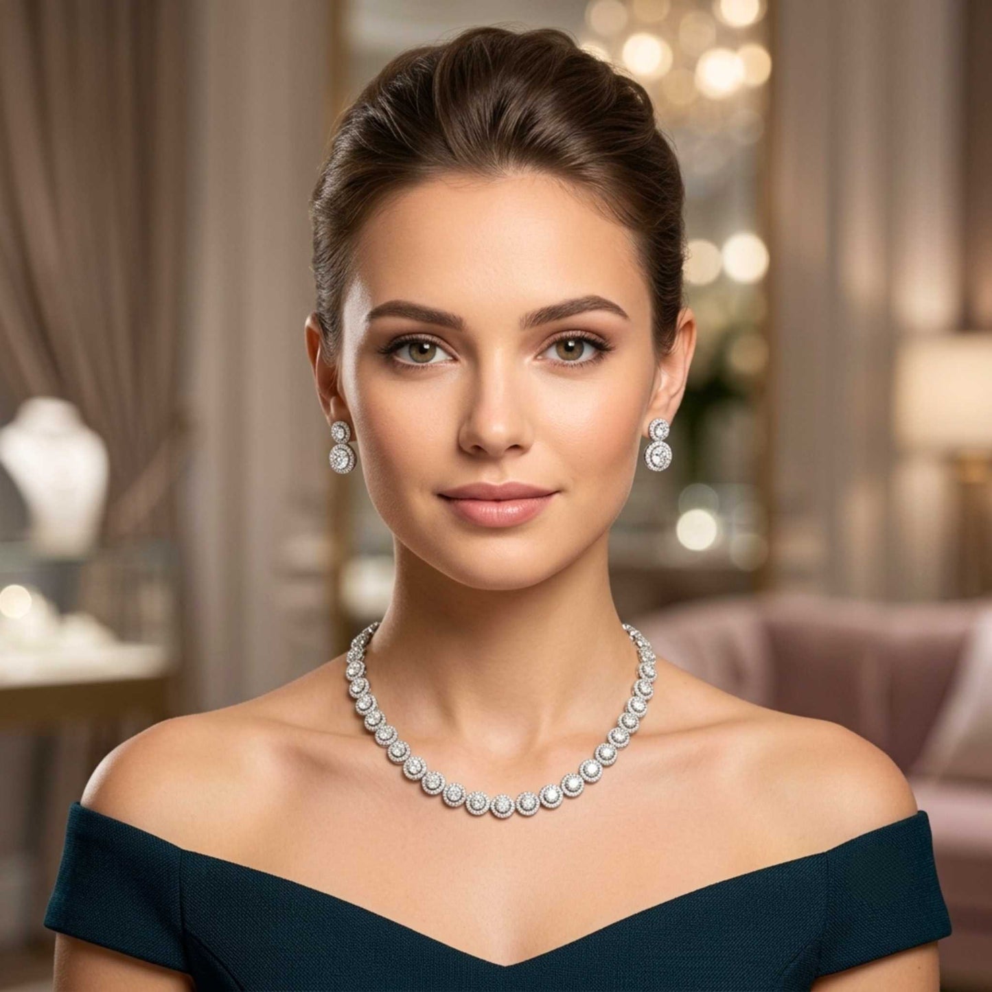 Women wearing an elegant dress and white gold plated halo necklace and matching cubic zirconia stud earrings set featuring round halo settings for elegant everyday and occasion wear from the Jewellery 4 Elegance collection.  Digitally rendered model for scale
