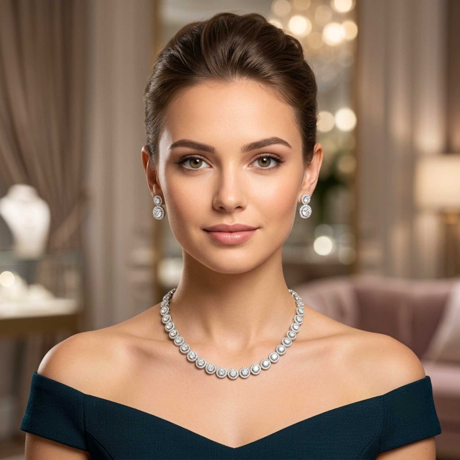 Women wearing an elegant dress and white gold plated halo necklace and matching cubic zirconia stud earrings set featuring round halo settings for elegant everyday and occasion wear from the Jewellery 4 Elegance collection.  Digitally rendered model for scale