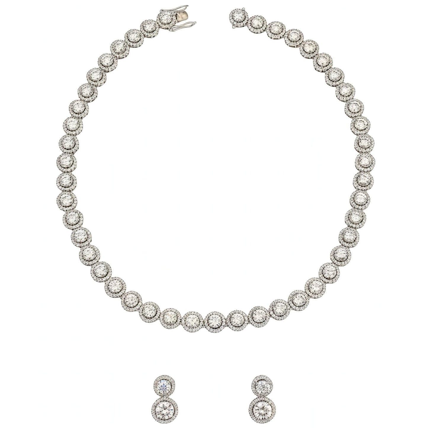 White gold plated halo necklace and matching cubic zirconia stud earrings set featuring round halo settings for elegant everyday and occasion wear.
