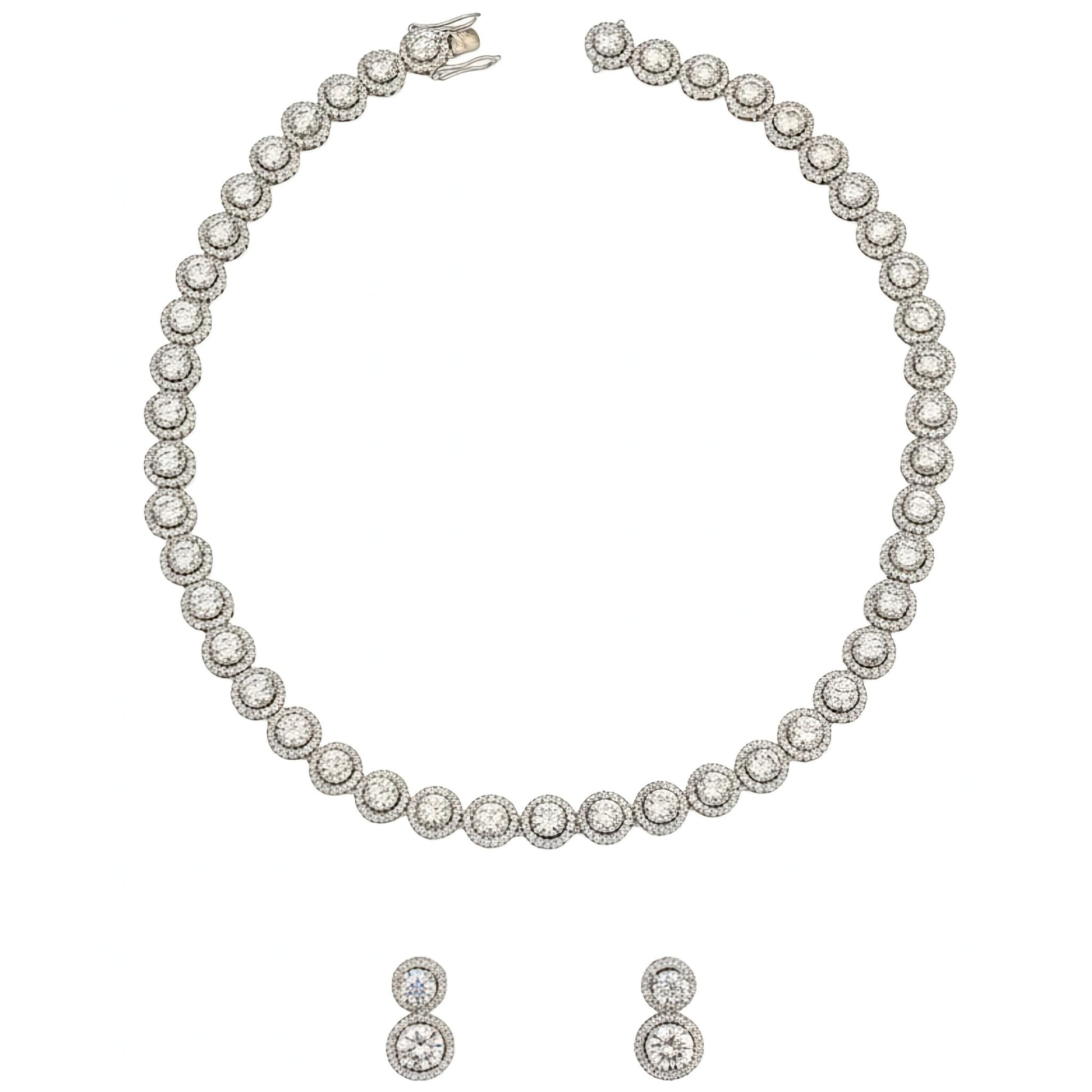 White gold plated halo necklace and matching cubic zirconia stud earrings set featuring round halo settings for elegant everyday and occasion wear.