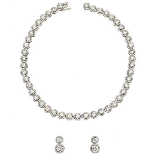 White gold plated halo necklace and matching cubic zirconia stud earrings set featuring round halo settings for elegant everyday and occasion wear.