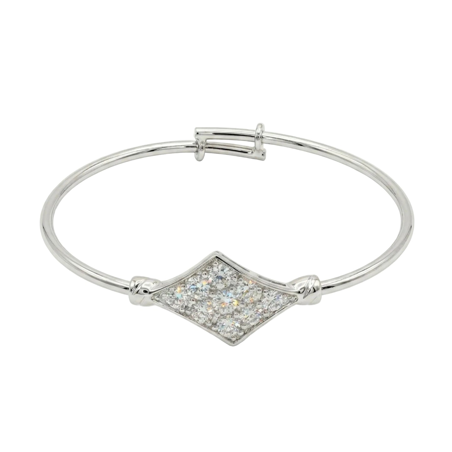 A white gold plated petite adjustable wire bangle bracelet featuring a central diamond-shaped motif packed with sparkling pavé-set cubic zirconia stones, displayed on a clean white background.