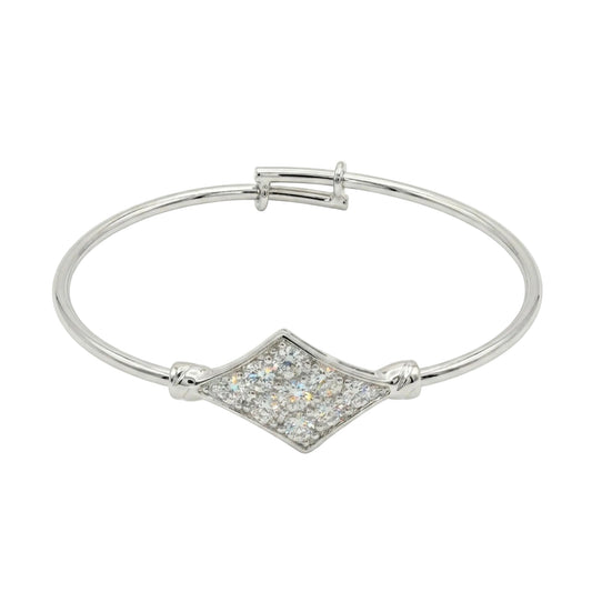 A white gold plated petite adjustable wire bangle bracelet featuring a central diamond-shaped motif packed with sparkling pavé-set cubic zirconia stones, displayed on a clean white background.