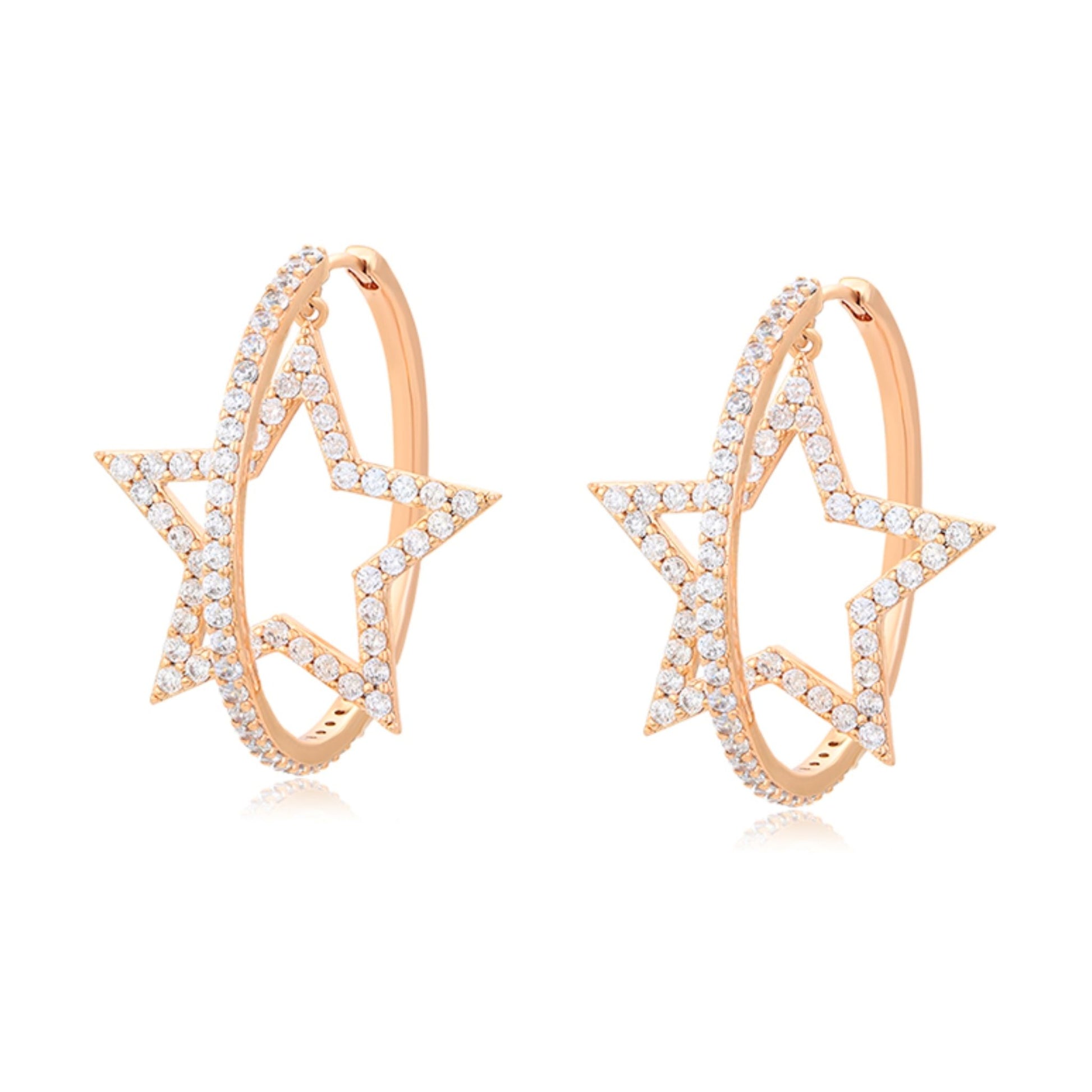 Gold plated hoop earrings featuring open star motifs adorned with sparkling cubic zirconia accents in a playful celestial design set against a white background.