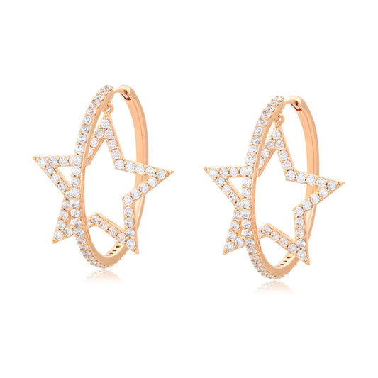 Gold plated hoop earrings featuring open star motifs adorned with sparkling cubic zirconia accents in a playful celestial design set against a white background.