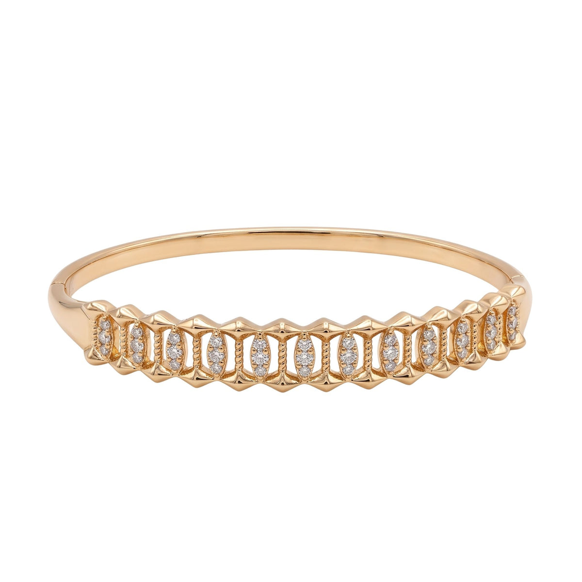 A rose gold bangle bracelet featuring a continuous row of baguette-cut clear gemstones in a textured channel setting, shown against a plain white background, from the Jewellery 4 Elegance collection..