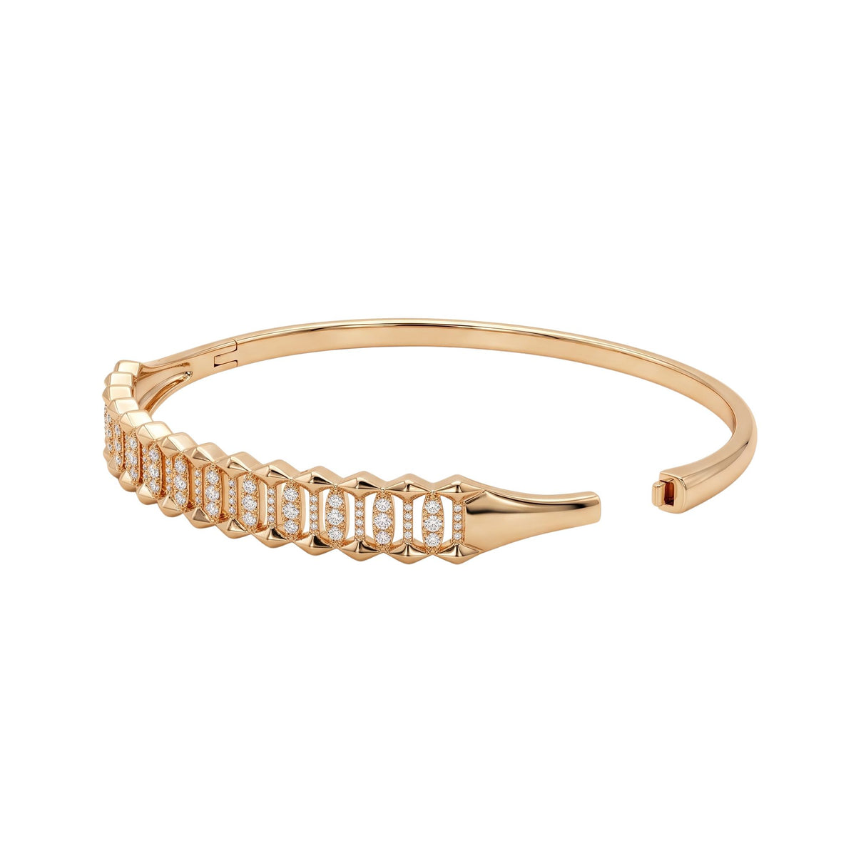 A gold bangle bracelet shown as partly open featuring a row of pavé-set rectangular clear stones along the front, shown on a plain white background, from the Jewellery 4 Elegance collection.