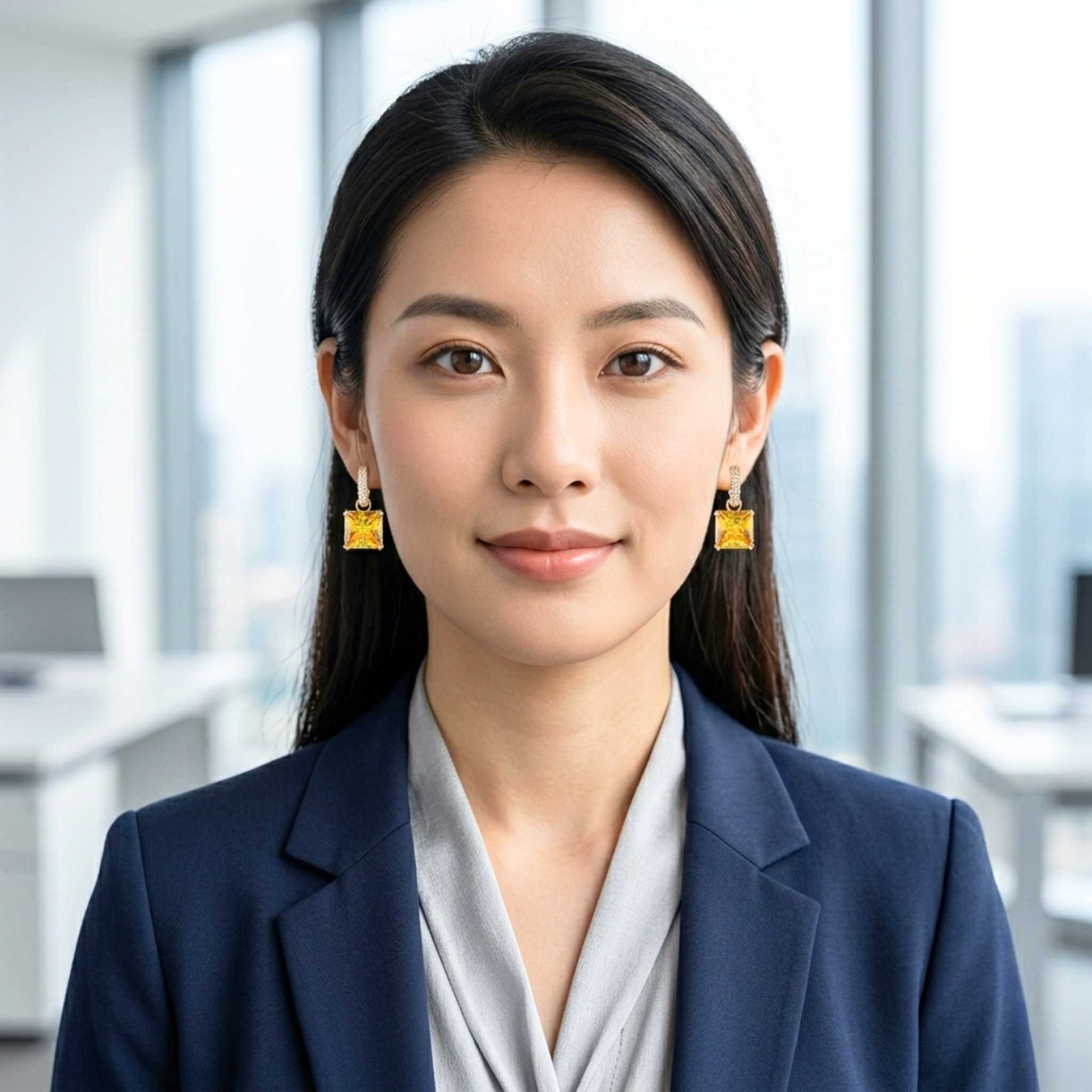 Woman in a professional setting wearing a navy blazer and gold earrings.  Digitally rendered model for scale.