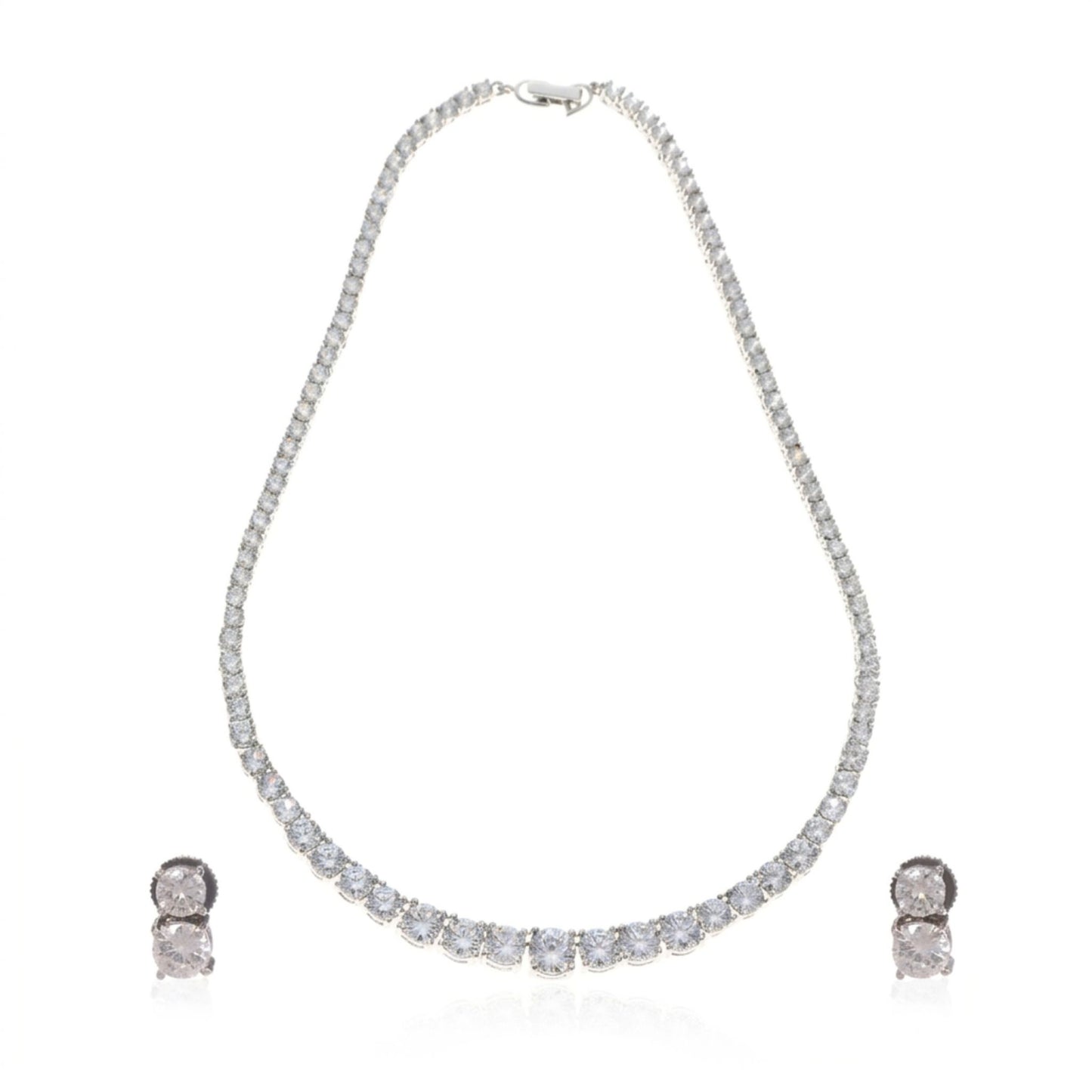White gold plated graduated necklace with brilliant round cubic zirconia stones and matching stud earrings for elegant everyday and occasion wear in the  Jewellery 4 Elegance collection.