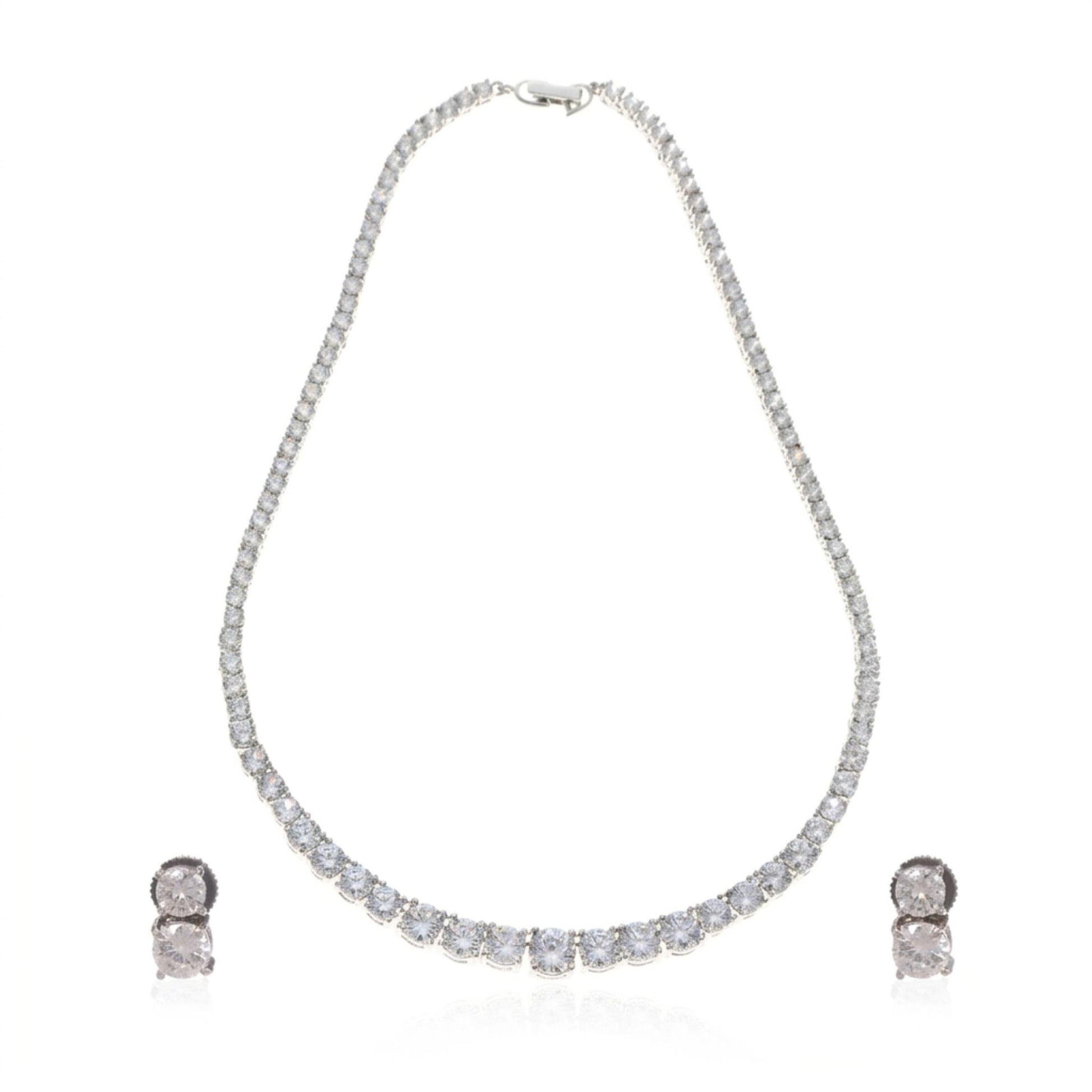 White gold plated graduated necklace with brilliant round cubic zirconia stones and matching stud earrings for elegant everyday and occasion wear in the  Jewellery 4 Elegance collection.