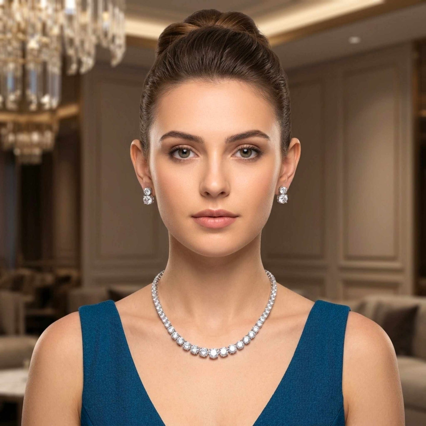 Model wearing a white gold plated graduated cubic zirconia necklace with matching stud earrings, styled for elegant daytime and evening occasions from the Jewellery 4 Elegance collection.  Digitally rendered model for scale