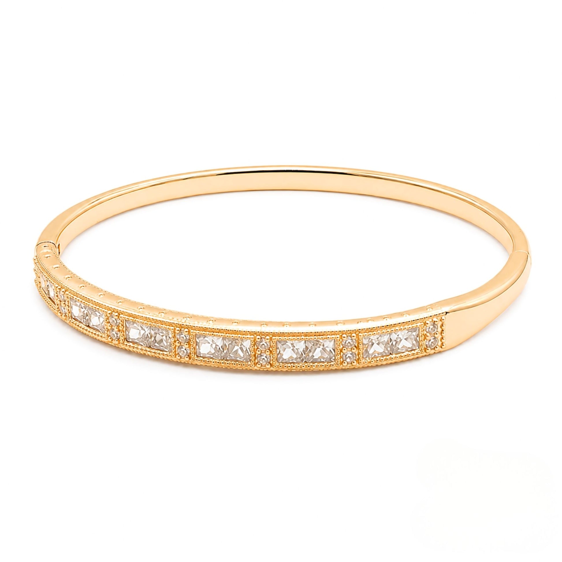 Front view of an elegant gold bangle bracelet embedded with square-cut cubic zirconia gemstones from the Jewellery 4 Elegance collection.