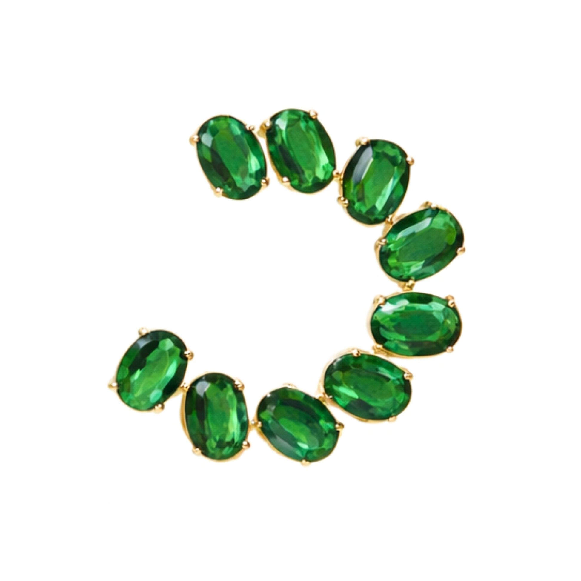 Jewellery 4 Elegance emerald green cubic zirconia gold open hoop earrings for women, showcasing a crescent of oval-cut green gemstones on a white background.