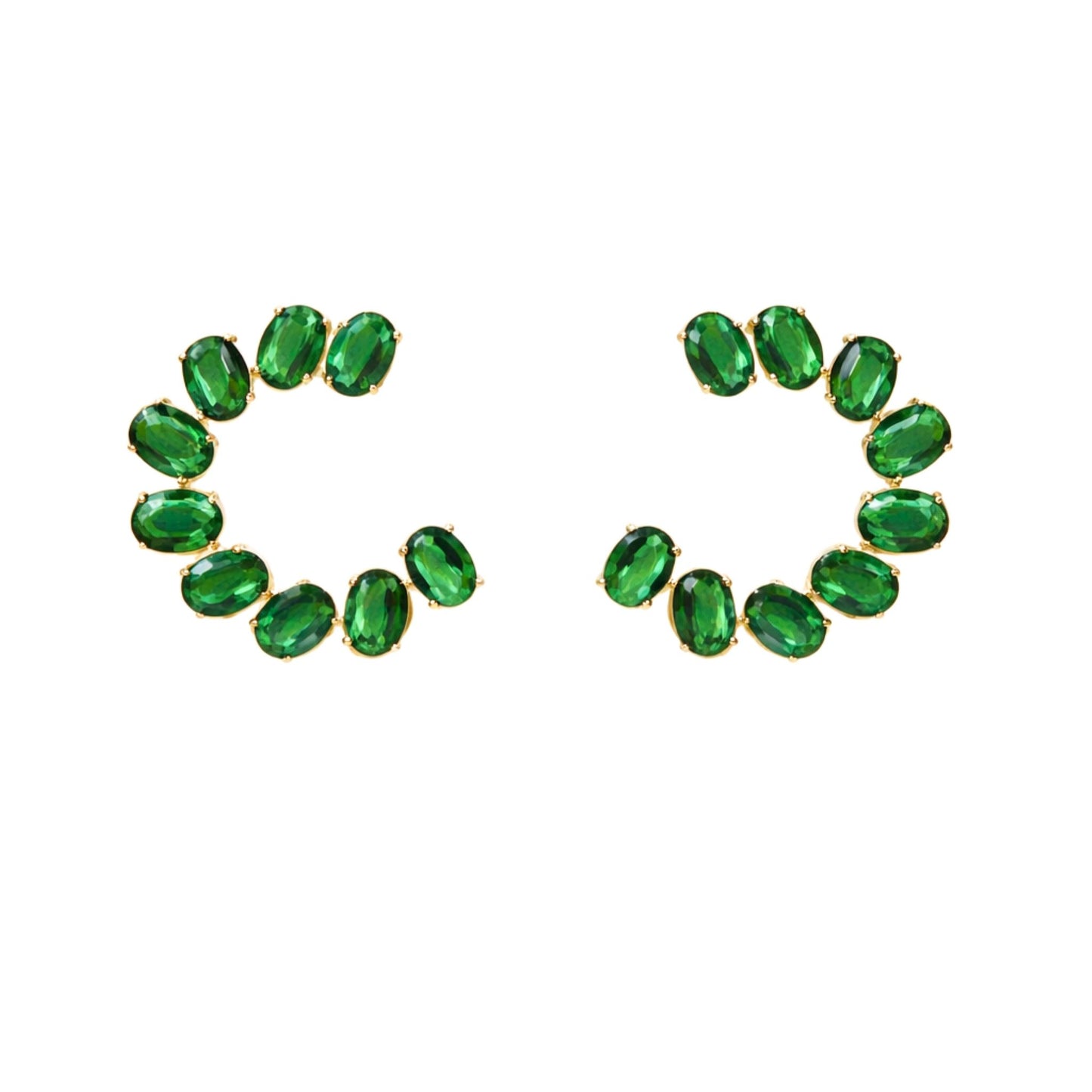 Jewellery 4 Elegance emerald green cubic zirconia gold plated open hoop earrings for women, showcasing a crescent of oval-cut green gemstones on a white background.