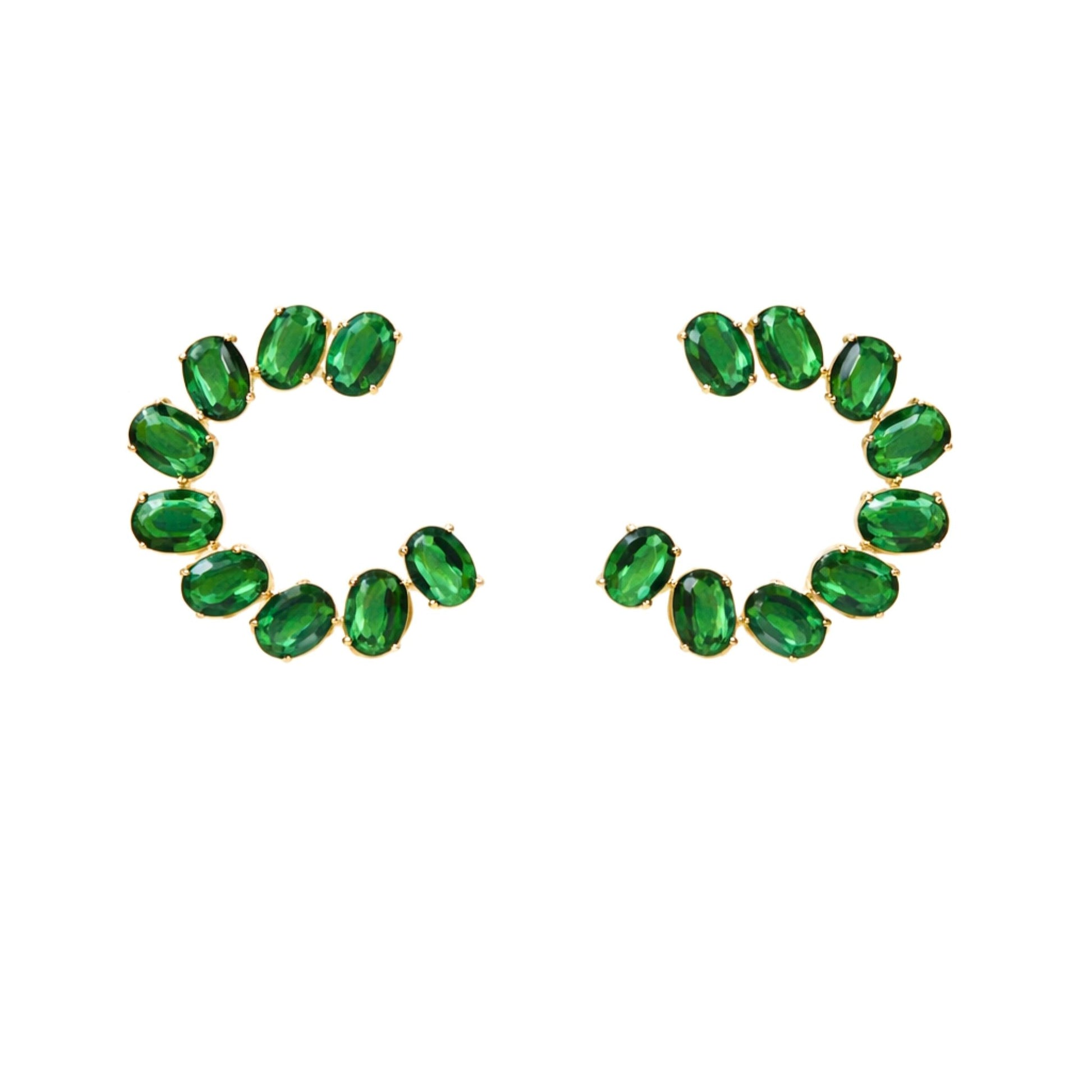 Jewellery 4 Elegance emerald green cubic zirconia gold plated open hoop earrings for women, showcasing a crescent of oval-cut green gemstones on a white background.